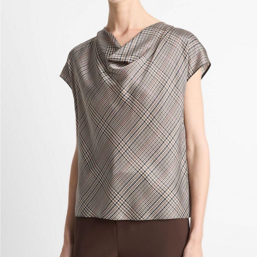 Vince Black and Cream Plaid Cowl Neck Top